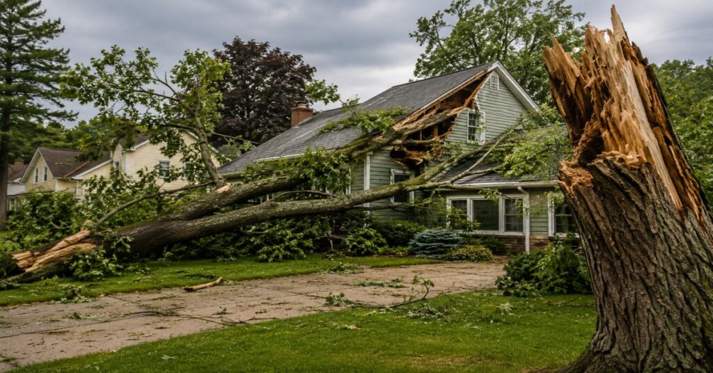 Labeled emergency tree removal checklist Buffalo guide featuring a large fallen tree resting on a residential house after a severe Western New York storm.