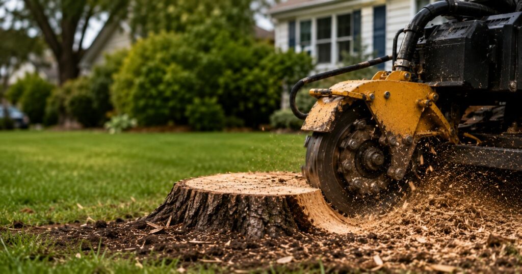 A professional crew demonstrating how deep should stump grinding go on a residential lawn in Buffalo NY.