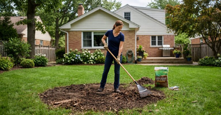 Homeowner planting grass after stump grinding in Buffalo NY backyard