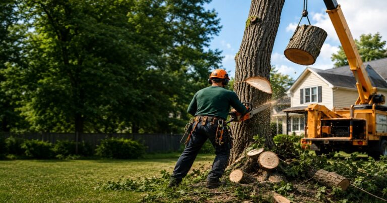 Treemanny crew using a crane and chipper to manage tree removal cost Buffalo NY homeowners expect for mature trees near a residential property.