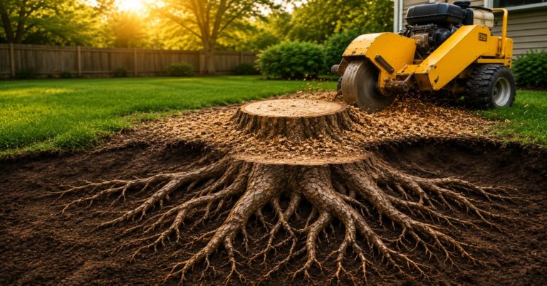 What happens to roots after stump grinding showing underground tree roots and stump grinding process in a residential yard