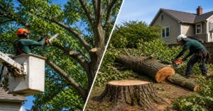 Professional comparison guide illustration highlighting the core differences of tree removal vs tree trimming for Buffalo residential properties.
