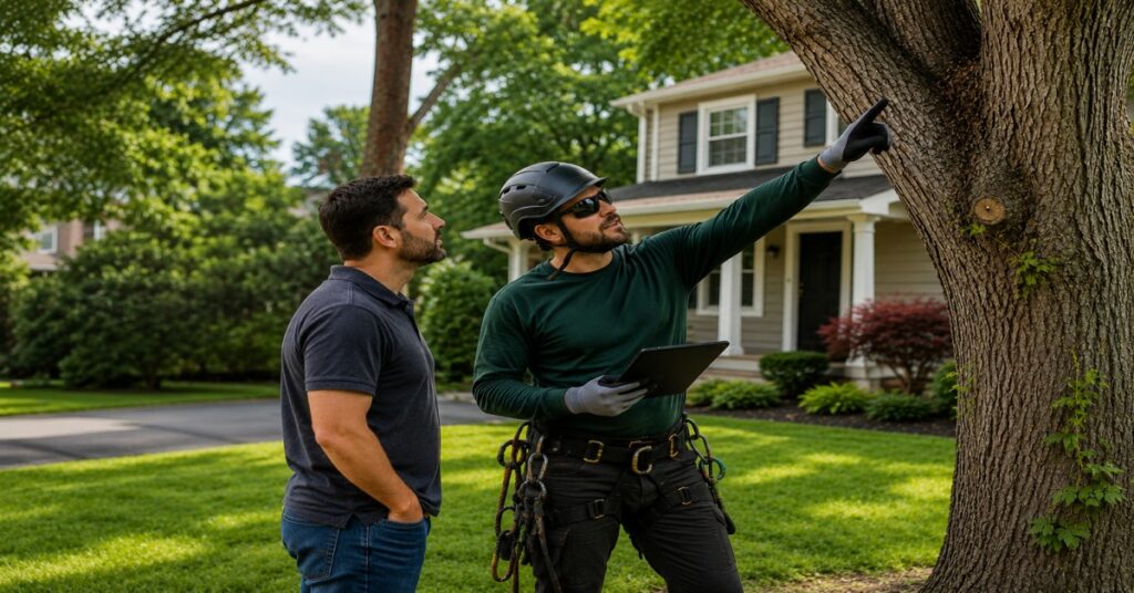 Comprehensive guide on how to choose a tree service company in Buffalo NY, featuring a professional tree care crew safely trimming trees near a residential home.