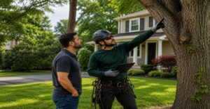 Comprehensive guide on how to choose a tree service company in Buffalo NY, featuring a professional tree care crew safely trimming trees near a residential home.