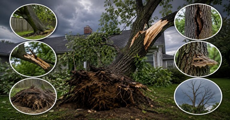 Dangerous tree signs after storm damage on a Buffalo NY residential property