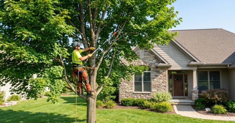 Professional arborist safely pruning a large tree near a residential roofline, illustrating how often should trees be trimmed around a home.