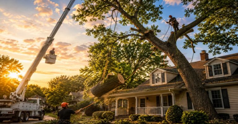 Professional crew performing large tree removal near house Buffalo property lines safely using ropes and rigging tools.