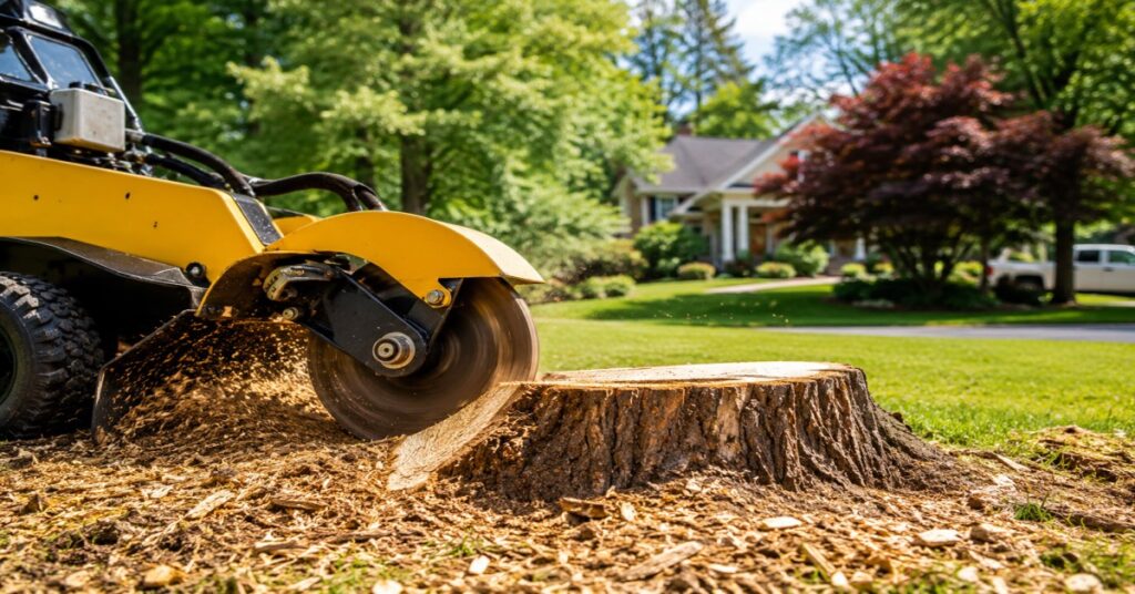 stump grinding cost Buffalo NY — Treemanny pro grinding a yard tree stump in Buffalo
