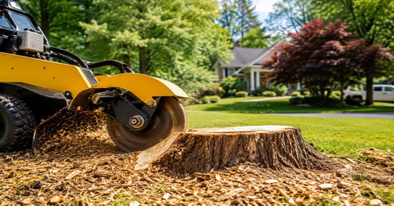 stump grinding cost Buffalo NY — Treemanny pro grinding a yard tree stump in Buffalo