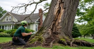 tree inspection signs Buffalo NY — Treemanny arborist checking structurally compromised tree