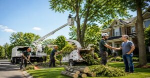 Affordable tree service Buffalo NY crew safely trimming and removing tree branches.