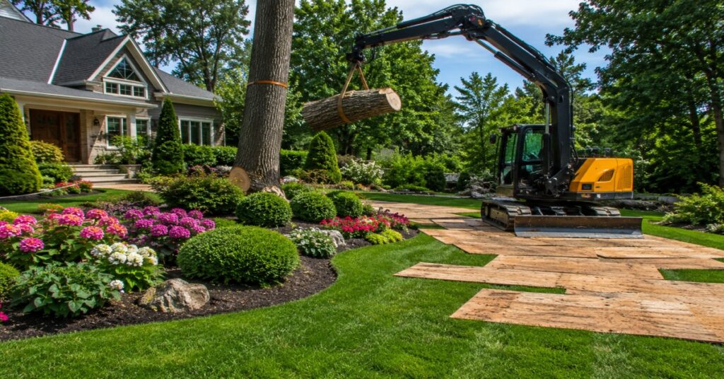 Professional tree crew laying down turf mats to protect yard during tree removal.