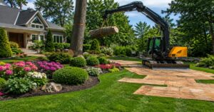 Professional tree crew laying down turf mats to protect yard during tree removal.