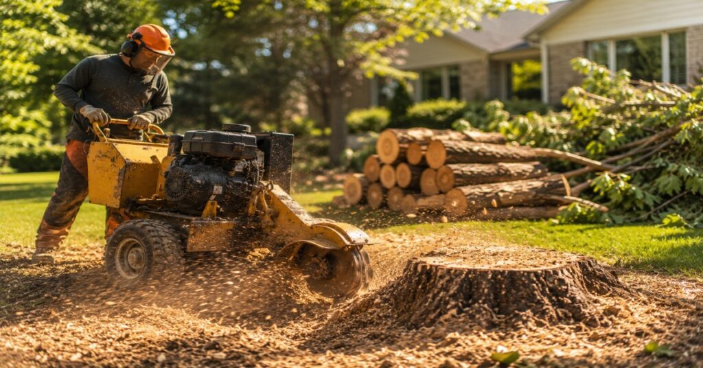 Professional stump grinding after tree removal on a residential lawn in Buffalo NY