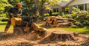 Professional stump grinding after tree removal on a residential lawn in Buffalo NY