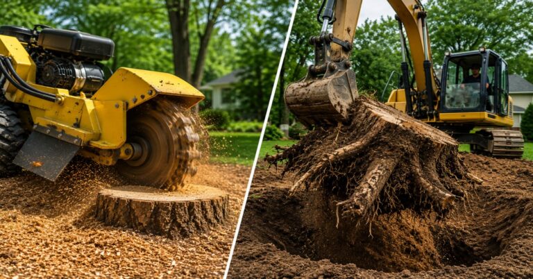 Professional stump grinding vs stump removal machinery clearing a residential yard in Buffalo NY.