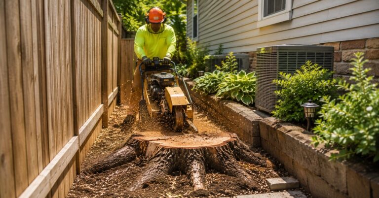 Compact track stump grinder navigating a narrow gate for stump removal in a small yard in Buffalo NY