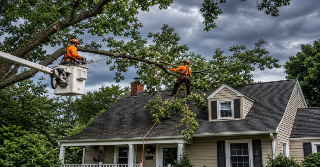 Emergency tree branches over roof removal service in Buffalo NY by Treemanny