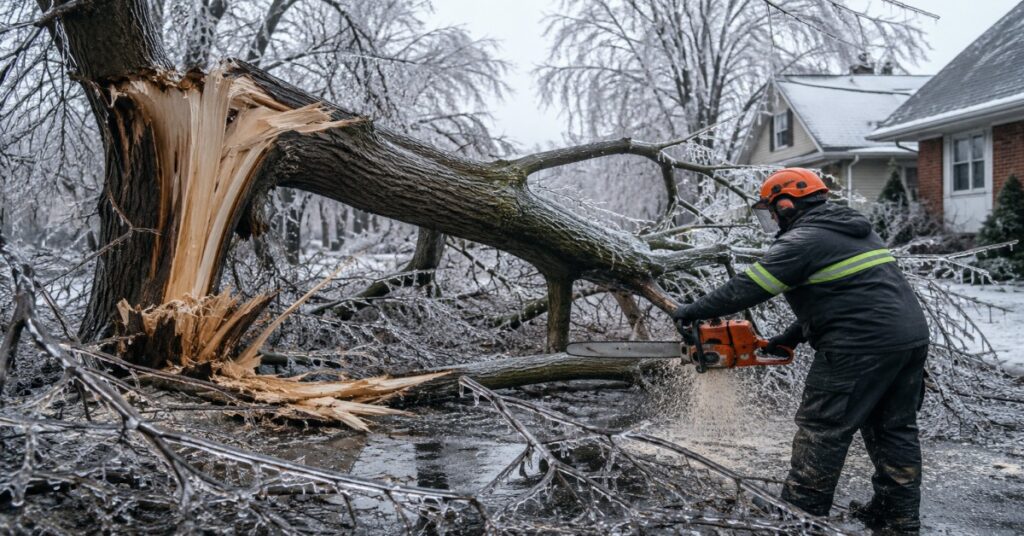 Emergency tree removal after ice damage Buffalo homeowners scheduled to safely clear a split trunk from a residential property lawn.