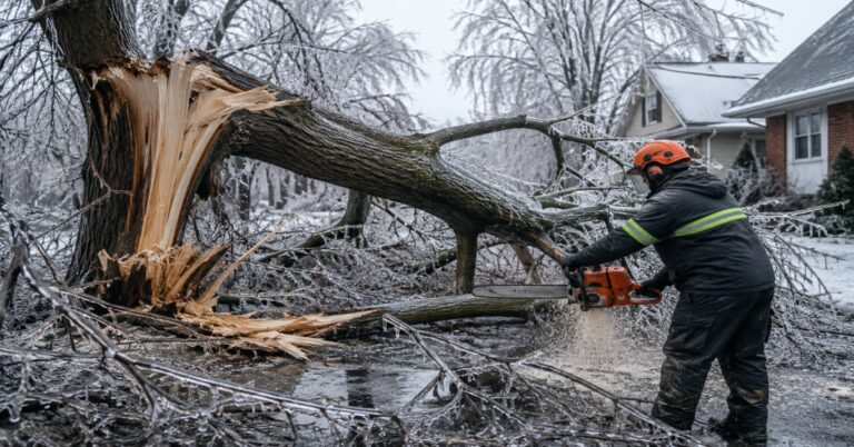 Emergency tree removal after ice damage Buffalo homeowners scheduled to safely clear a split trunk from a residential property lawn.