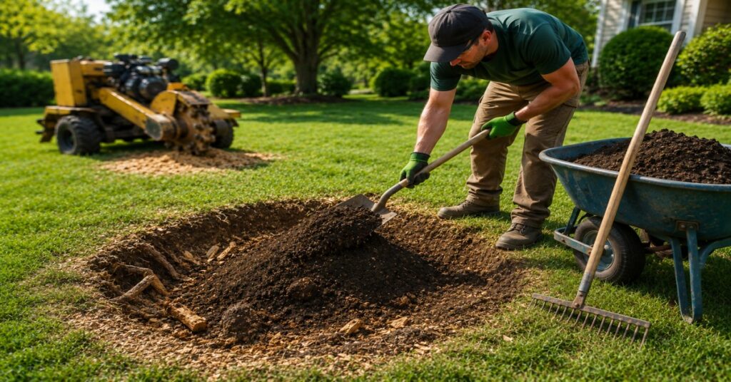Professional arborist showing how to fill a hole after stump grinding for a smooth lawn