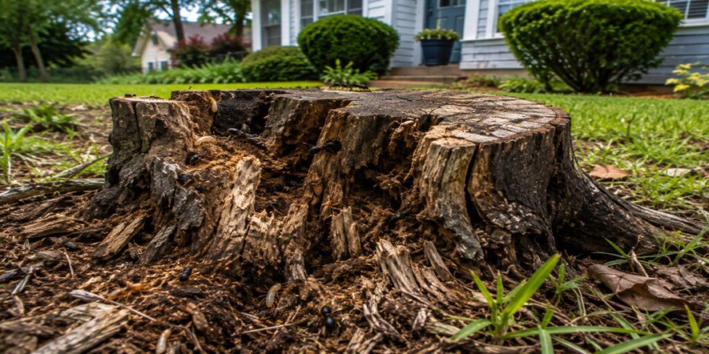 Certified arborist inspecting how old tree stumps attract pests in a residential Buffalo NY yard