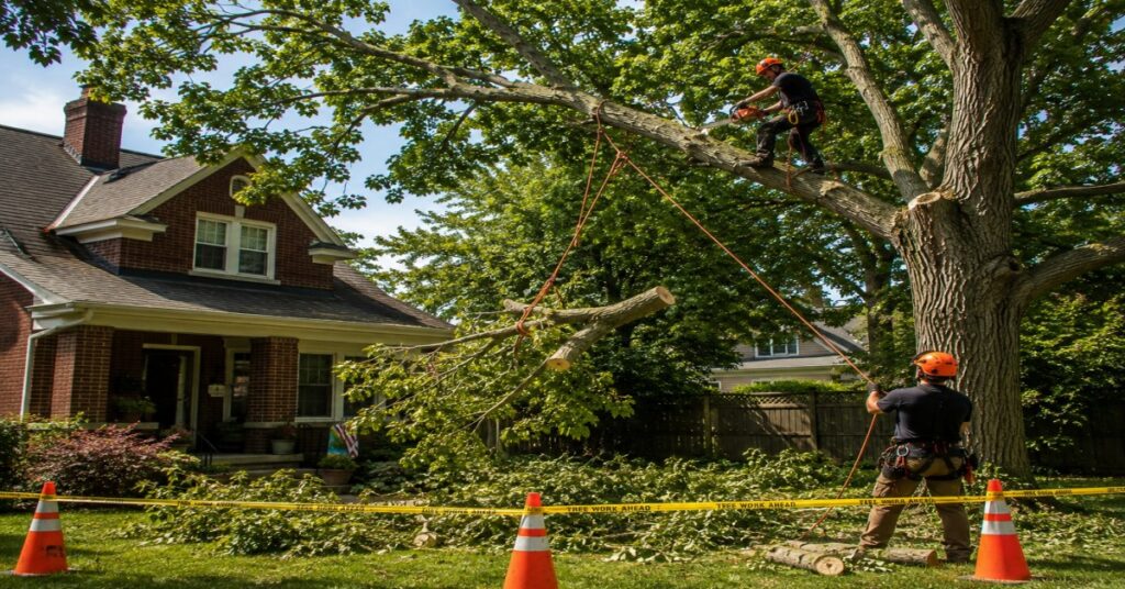 Professional arborist performing overgrown backyard tree trimming safely in a residential Buffalo yard