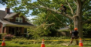 Professional arborist performing overgrown backyard tree trimming safely in a residential Buffalo yard
