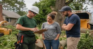 Certified arborist reviewing critical questions to ask a tree removal company before hiring on-site in Buffalo NY