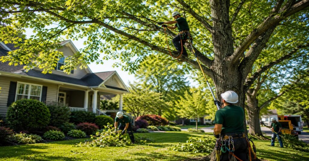 Arborist crew conducting a residential tree service process in a Western New York yard