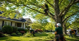 Arborist crew conducting a residential tree service process in a Western New York yard