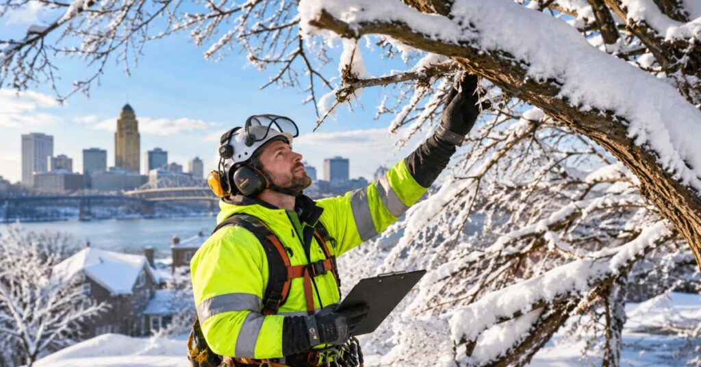 Certified arborist performing tree care after heavy snow on damaged branches in Buffalo NY