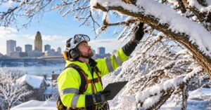 Certified arborist performing tree care after heavy snow on damaged branches in Buffalo NY