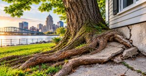 Critical tree root damage signs and decaying root flare threatening a residential Buffalo NY property