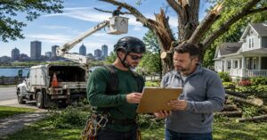 Professional inspection of hazardous dead tree for a tree service estimate Buffalo NY