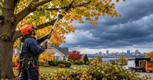 Certified arborist performing fall tree care in Buffalo NY before severe winter storms