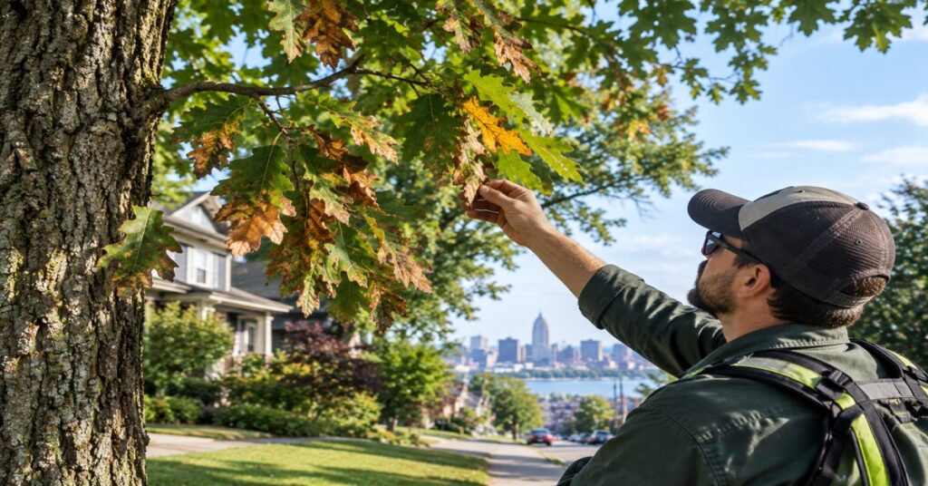 Certified arborist inspecting mature red oak tree for oak wilt in Buffalo NY