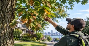 Certified arborist inspecting mature red oak tree for oak wilt in Buffalo NY