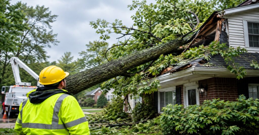 Emergency crane crew response after a tree fell on house Buffalo NY residential property