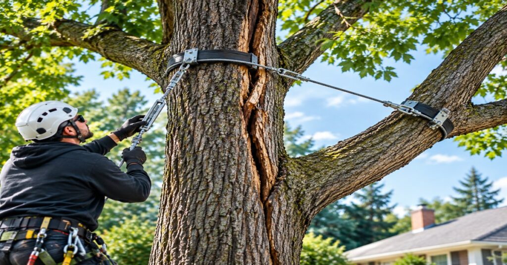 Certified arborist installing dynamic tree cabling and bracing buffalo ny in a mature split oak canopy