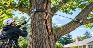 Certified arborist installing dynamic tree cabling and bracing buffalo ny in a mature split oak canopy