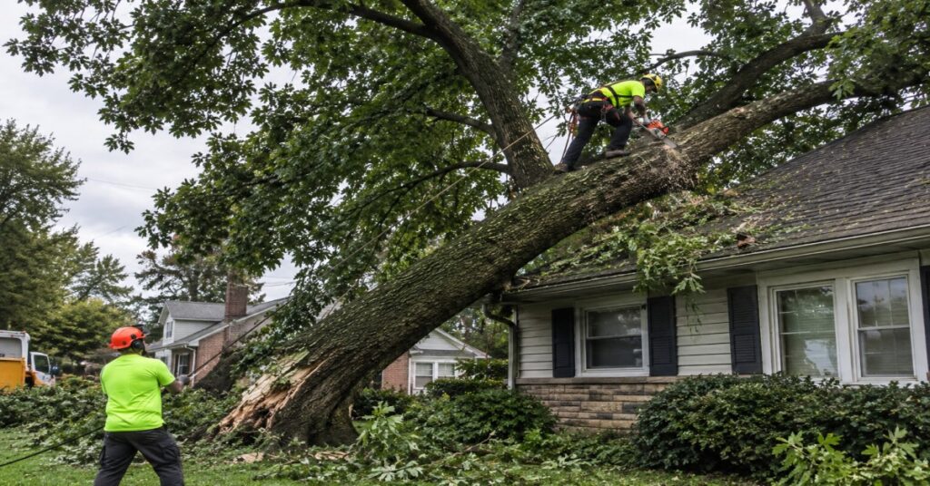 Emergency crew securing a large tree leaning toward house Buffalo NY after a storm