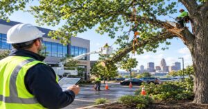 Professional commercial tree service Buffalo NY crew performing safety pruning and canopy elevation for a property manager.
