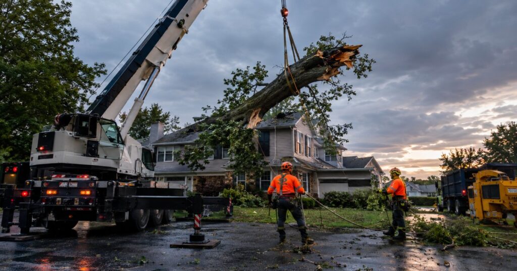 emergency tree removal tonawanda ny crew using a heavy crane to lift a storm-damaged tree off a house