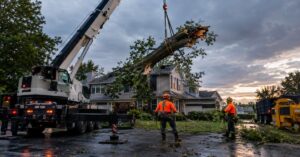 emergency tree removal tonawanda ny crew using a heavy crane to lift a storm-damaged tree off a house