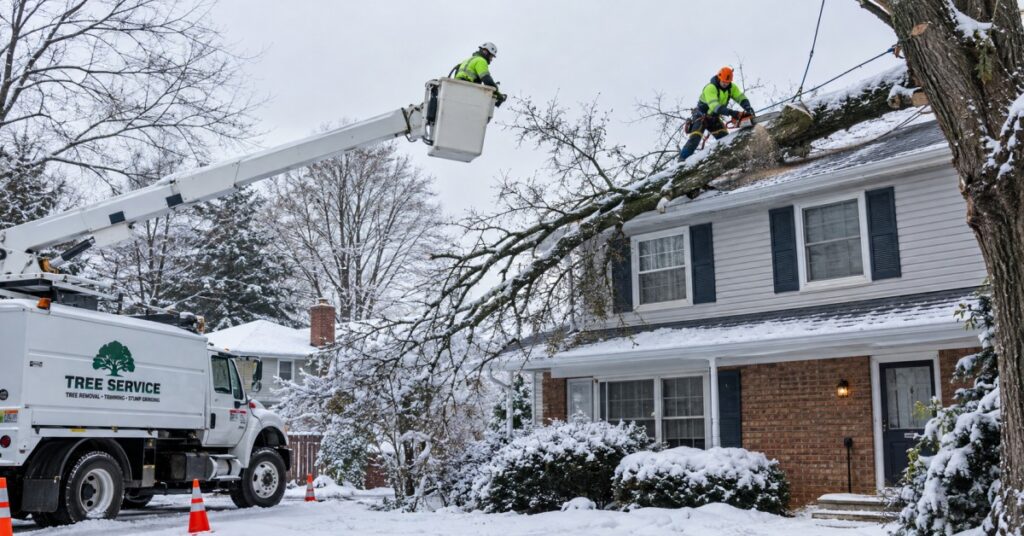 storm tree removal cost buffalo ny crew clearing fallen timber from residential roof in winter
